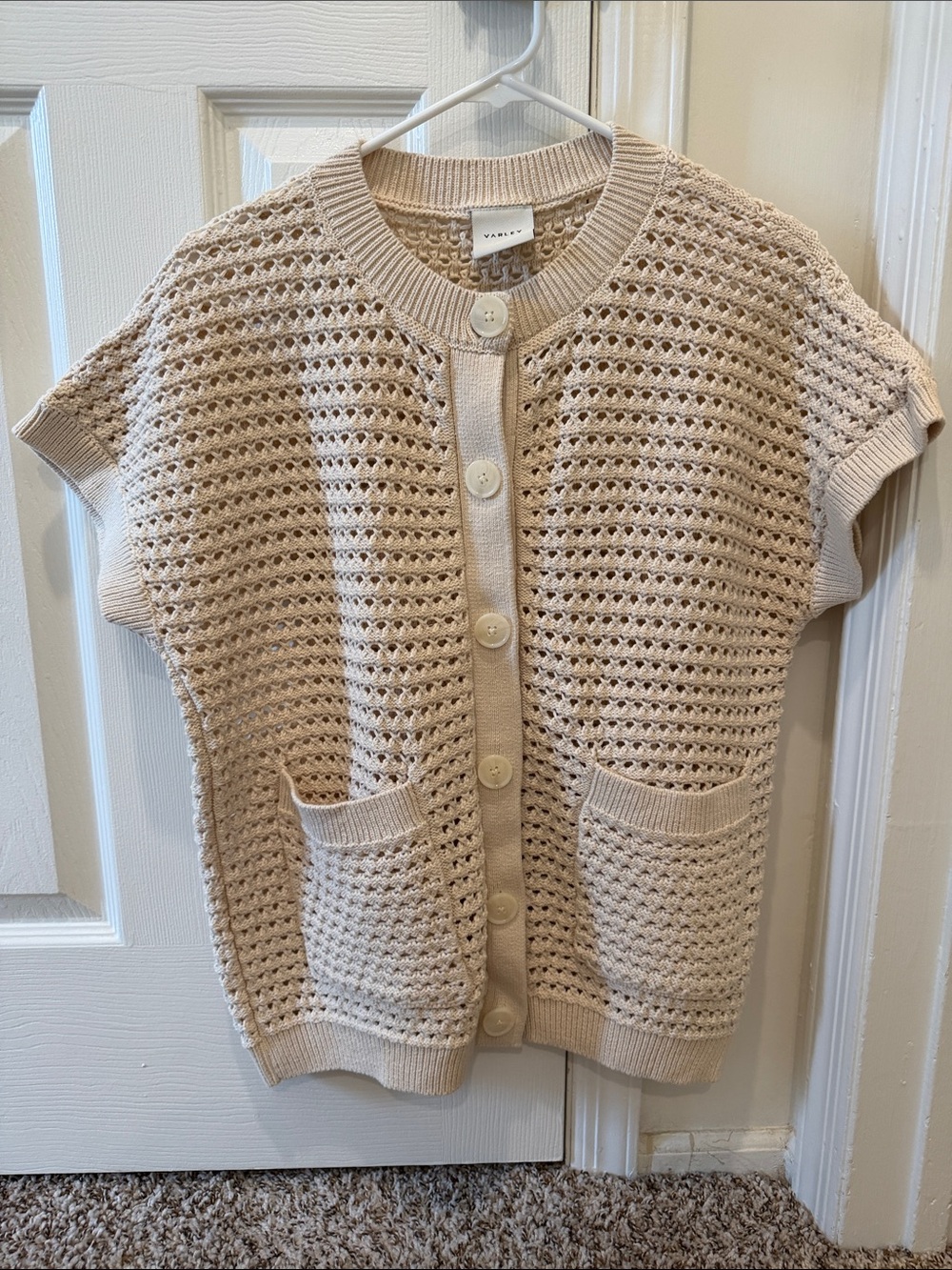 Varley Beige Open-Knit Button Cardigan Vest
